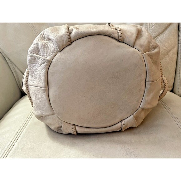 Vintage Sigrid Olsen Leather Hobo Bucket Bag Drawstring Cottagecore Y2K Beige - Picture 10 of 16